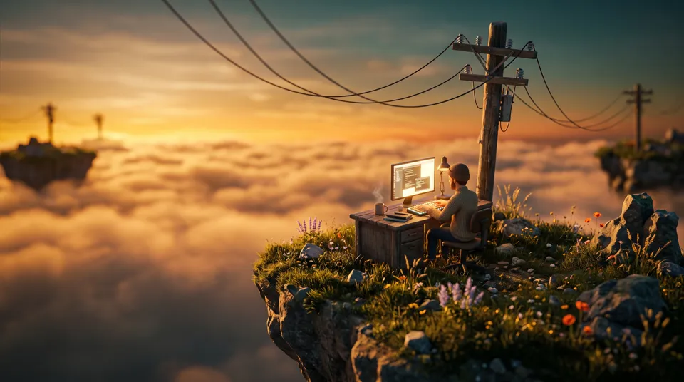 Ein Entwickler an seinem Schreibtisch auf einer schwebenden Insel über den Wolken