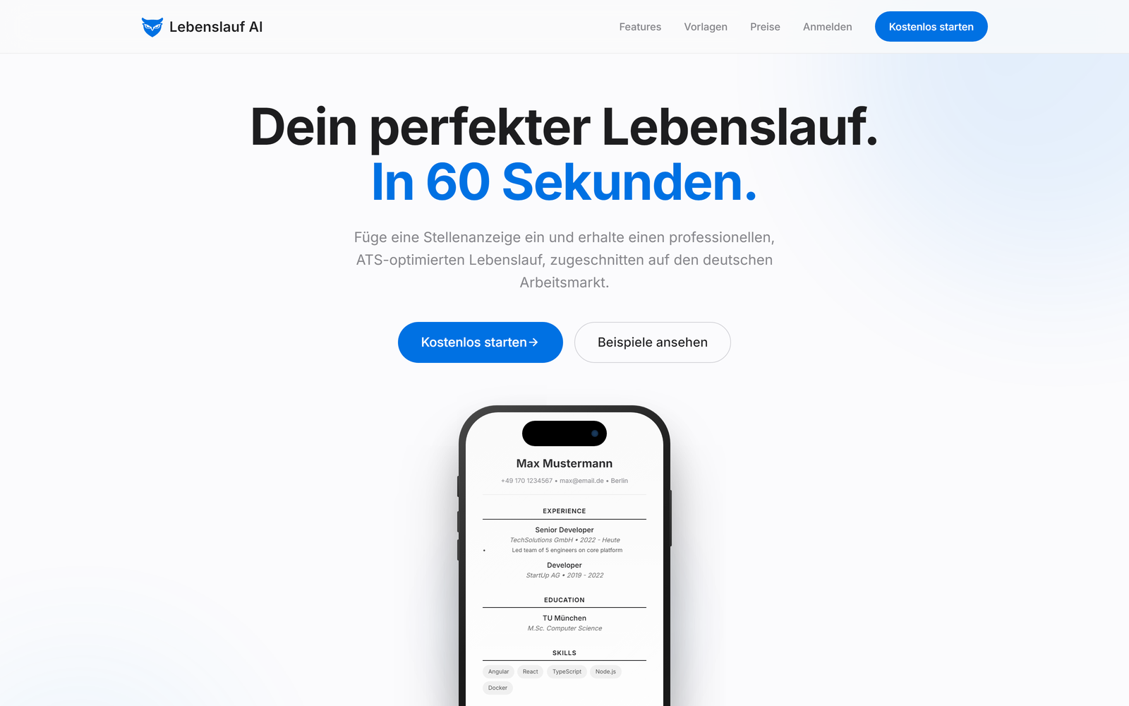 Lebenslauf AI Editor mit Live-Vorschau des Dokuments