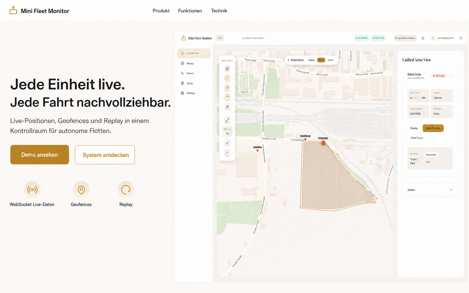 Mini Fleet Monitor Landingpage mit Live-Karte
